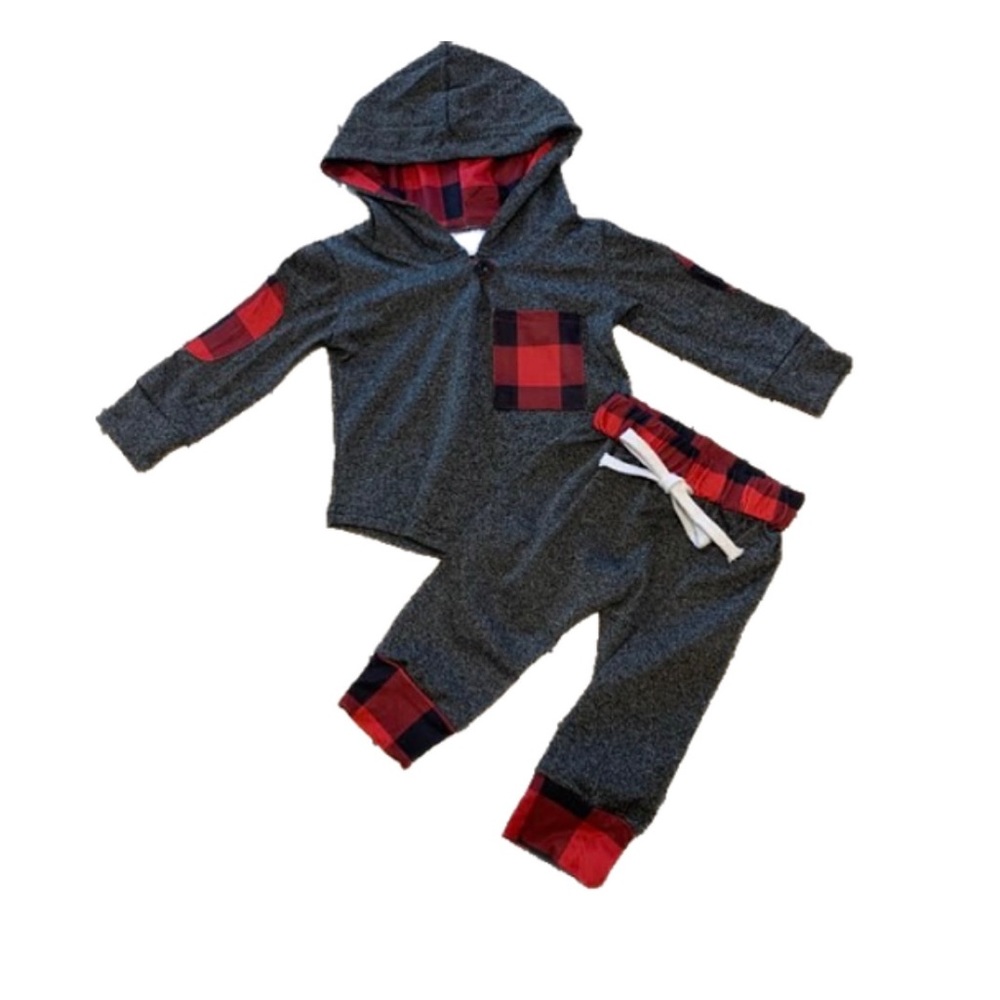 Baby plaid and grey jogger set